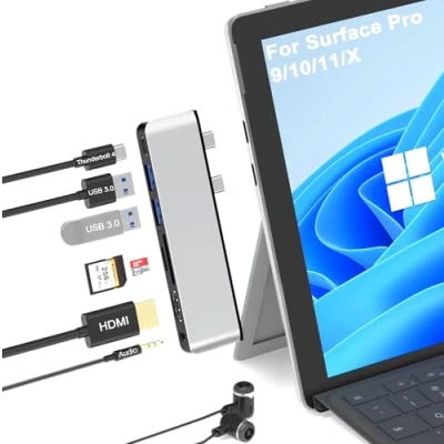 Abbildung von Surface Pro 9/10/11/X Zubehör, Docking Station mit 4K HDMI, USB C Thunderbolt 4 (Display+Daten+100W PD), 2 3.0, 3.5mm Audio, SD/TF Kartenleser für