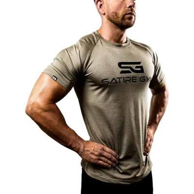 Abbildung von Satire Gym® Fitness Slim Fit T Shirt Herren/Funktionelles &amp; schnell trocknendes Sportshirt Herren Kurzarm als Bodybuilding Workout Gym (XXL, Khaki meliert)