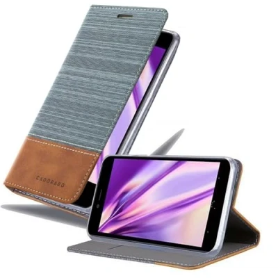 Abbildung von Cadorabo Hülle kompatibel mit Xiaomi Pocophone F1 aus Jeans und Kunst Leder Flip Klappbare Stoßfeste Magnetische [Standfunktion] [Kartenfächern] Cover für Tasche in Grau