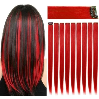 Abbildung von ZHAOWWEI 9 Stück Prinzessin Rot Haarverlängerungen Multi Farben Party Highlights Streifen Synthetische Haarteile Clip In/Clip On Farbige (Rot)
