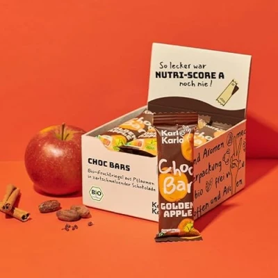 Abbildung von Karl Karlo Schokoriegel Bio Choc Bars, Golden Apple Schokolade mit Nutri Score A auf Pflaumenbasis 100% Zutaten, Frei von Zusatzstoffen &amp; Aromen, recyclefähige Verpackung 12er Box