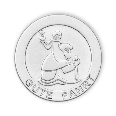 Abbildung von FRITZ COX Automedaille Christophorus Gute Fahrt aus Metall auf Geschenkkarte Kleiner Durchmesser 2,5cm