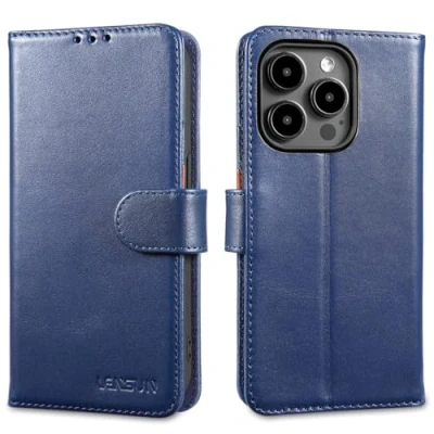 Abbildung von LENSUN Echtleder Hülle für iPhone 15 Pro, Handyhülle Echt Leder [Magnetverschluss][Kartenfach] Handytasche Lederhülle Klappbar Kompatibel mit Pro 5G Blau