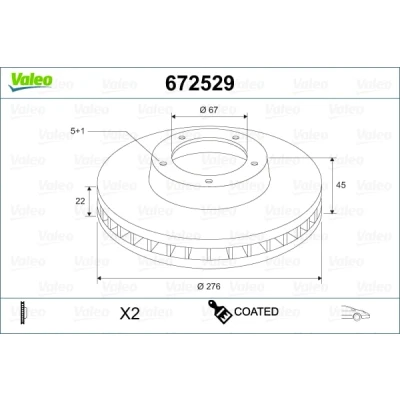 Abbildung von VALEO 672529 Bremsscheibe Vorderachse 276 22 5 Belüftet beschichtet MERCEDES BENZ: B Klasse, A Klasse