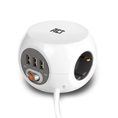 Abbildung von ACT Steckdosenwürfel mit USB, Powercube 3 USB A Stecker (2.4A/12W) Schalter, Fach Steckdose, Inkl. Klebepad für Küche, Büro, Wohnzimmer, Kabellänge 1.5m, Farbe Weiß AC2405