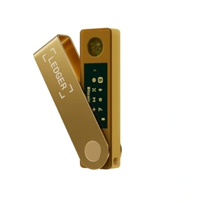 Abbildung von Ledger Nano X — Sichern und verwalten Sie Ihre Krypto NFTs unterwegs mit unserer Bluetooth fähigen Hardware Wallet. (Gold)