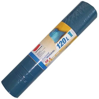 Abbildung von 10 Stück extra stark Müllsäcke 120 Liter, 70 x 100 cm, mit Zugband, auf Rolle blau