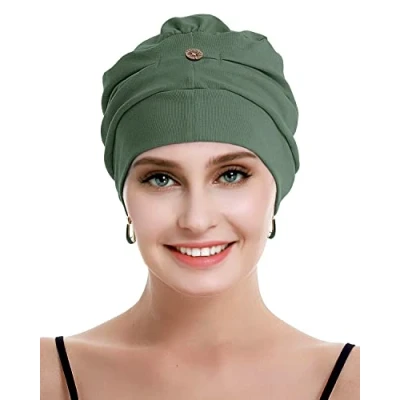 Abbildung von osvyo Baumwolle Chemo Kopfbedeckung für Damen Krebs Haarausfall Hut Leichte Versiegelte Verpackung HELL Oliv