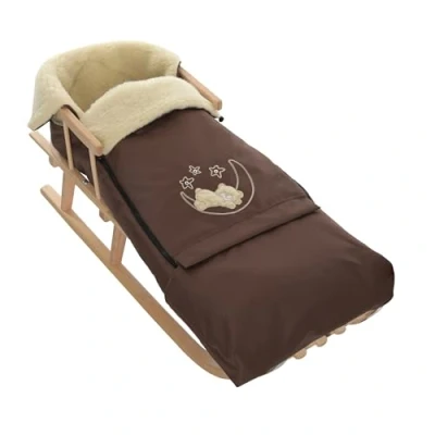 Abbildung von Holzschlitten Kinderschlitten aus Buchenholz Rückenlehne Zugseil + Winterfußsack Schlittensack Fußsack Braun Schlitten Kinderwagen
