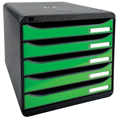 Abbildung von Exacompta 3097295D Premium Ablagebox mit 5 Schubladen für DIN A4+ Dokumente. Stapelbare Schubladenbox hoher Kapazität mehr Platz auf dem Schreibtisch Big Box Iderama SchwarzApfelgrün