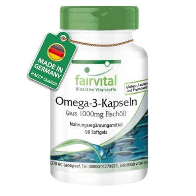 Abbildung von Fairvital Omega 3 Kapseln aus 1000mg FischÖl 90 Softgels HOCHDOSIERT 3000mg pro Tagesdosis mit EPA und DHA