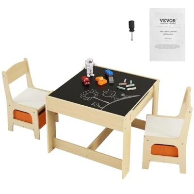 Abbildung von VEVOR Kindersitzgruppe Kindertisch, 2 Kinderstühle 1 Tisch aus P2 Grad MDF, Kindertisch Set Stabile Kindermöbel mit doppelseitiger Tischplatte &amp; Aufbewahrungsbox Kindermöbelset