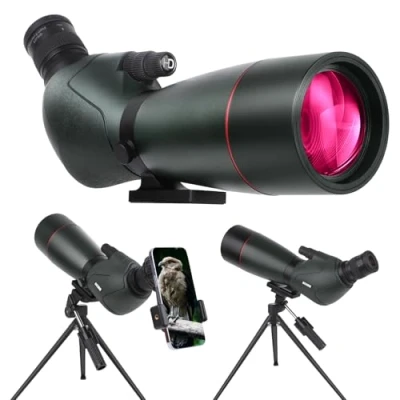 Abbildung von Spektiv für Zielschießen HD mit Stativ Tragetasche &amp; Smartphone Halterung BAK4 Vogelbeobachtung Jagd Wildtierbeobachtung (MY GN0039G(25X))