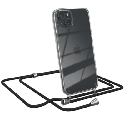 Abbildung von EAZY CASE Handykette kompatibel mit iPhone 15 Plus Handyhülle Umhängeband, Handykordel Schutzhülle, Silikonhülle, Hülle Band, Stylische Kette für Smartphone, Schwarz