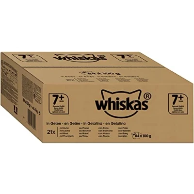 Abbildung von Whiskas 7+ Katzennassfutter Gemischte Auswahl in Gelee Hochwertiges Feuchtfutter im Portionsbeutel für Katzen ab 7 Jahren und älter Katzenfutter Großpackung (84 x 100g)