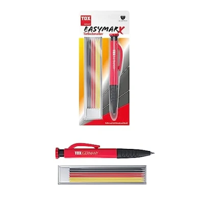 Abbildung von TOX Tieflochmarker easyMarx in Rot/Schwarz, mit 6x Ersatzminen 2,8x120 mm verschiedenen Farben, für präzise Markierungen auf unterschiedlichen Oberflächen, 09770001