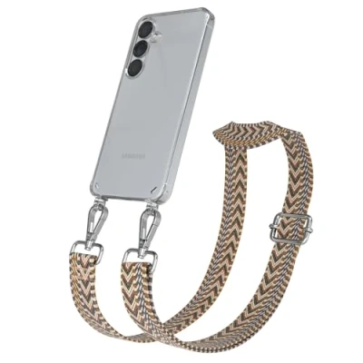 Abbildung von EAZY CASE Handykette mit verstellbarem Trageriemen für Galaxy S25 Taschengurt zum Wechseln transparenter Handyhülle Hülle dünner Schulterriemen in Braun Silber