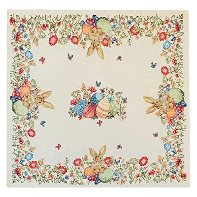 Abbildung von matches21 Tischdecke Mitteldecke Gobelin Osterhasen &amp; Blumen gewebt beige bunt Tischwäsche 1 STK 85x85 cm Mischgewebe