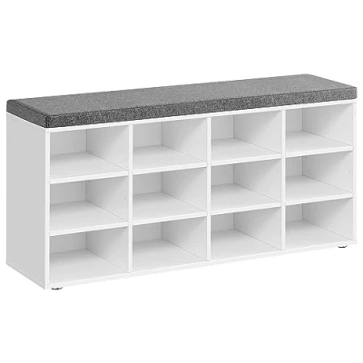 Abbildung von VASAGLE Schuhbank, Schuhregal mit Sitzfläche, Sitzbank Stauraum, Kissen, 12 Fächer, verstellbare Ablagen, für Wohnzimmer, Flur, 30,3 x 104 48 cm, wolkenweiß Taubengrau LHS012W14