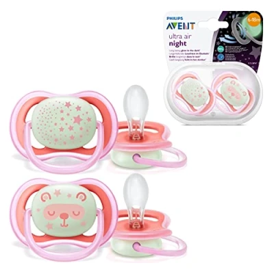 Abbildung von Philips Avent Soothers, 6 18m Ultra Air Night Soother with Glow in the Dark Button, Star/Bear Design, Pink (Pack of 2) SCF376/22