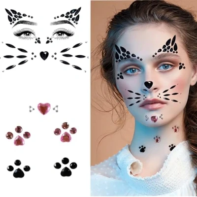 Abbildung von Katze glitzersteine gesicht,Rosa Druck Strasssteine gesicht,Schwarzes Gesicht Temporäre Tattoos für Festival Karneval Schminke,Parties,Make up,Cosplay (Katze)