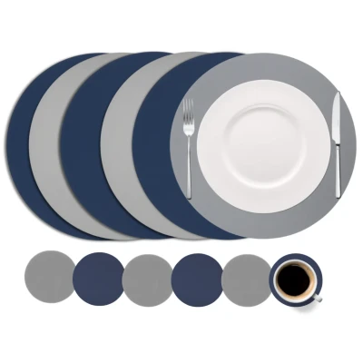 Abbildung von Jay Hill 6 Tischsets + Untersetzer rund Veganes Leder Blau / Grau