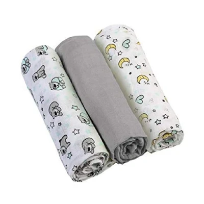 Abbildung von Babyono Mullwindeln Super weiches Musselin Windeln 70x70 cm (3 Stück), Spucktücher (grau/Mondbär)
