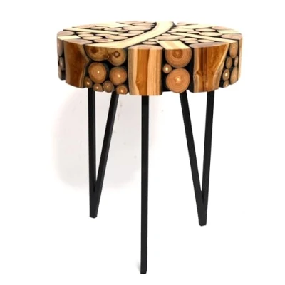 Abbildung von Brillibrum Design Teakholz Couchtisch Beistelltisch Teak Dreibeintisch rund Baumscheiben handgefertigter aus kleine Telefontisch (55x45cm (HxØ))