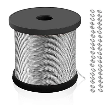Abbildung von 40m Stahlseil aus 304 Edelstahl mit 40 Stk 2mm Alu Crimpschlaufenhülse,2mm PVC Ummantelt Drahtseil,Edelstahlseil für Bilderrahmen Vorhang Geländer Seil