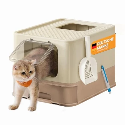 Abbildung von Feandrea Katzenklo, Katzentoilette, mit Deckel, ausziehbares Tablett, Schaufel, Bürste, für Katzen bis 15 kg, weniger Spuren, auslaufsicherer Boden, sandbeige karamellbraun PPT001LJ02
