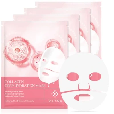 Abbildung von Kollagen Maske, Maske Für Tiefenhydratation, Hyaluronsäure Fortgeschrittener Booster, Reduziert Feine Linien Und Falten, Minimiert Die Poren 4Pcs (Rosa 4pcs)