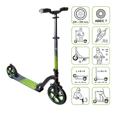 Abbildung von muuwmi Aluminium Scooter Pro Tretroller, 230/205 mm, ABEC 7, GS geprüft, höhenverstellbar, XL Deck, BMX Lenker, grün