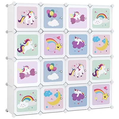 Abbildung von SONGMICS Regalsystem mit 16 Würfeln, Aufbewahrungsschrank für Kinder, Kleiderschrank Türen, Schuhregal aus Kunststoff, Steckregal, Mehrzweck, Schuhe, Spielzeug, 123 x 31 cm, weiß LPC906W01