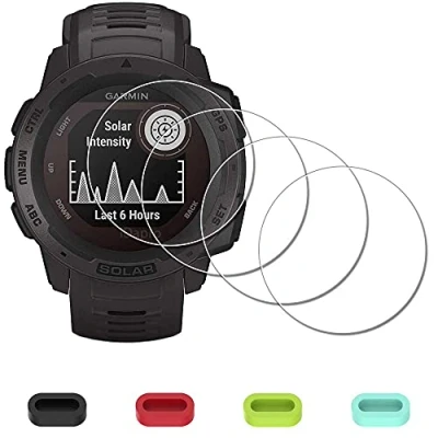 Abbildung von iDaPro Displayschutz Schutzfolie für Garmin Instinct Solar Tactical/Instinct + 4 teiliger Ladeanschlussschutz, panzer 9H Härte Gehärtetes Glas Displayschutzfolie [4 Stück]