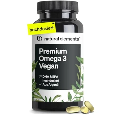 Abbildung von Premium Omega 3 Vegan 60 Kapseln 2000mg Algenöl, 800mg DHA und 400mg EPA pro Tagesdosis für Veganer hochdosiert, ohne unnötige Zusätze in Deutschland produziert &amp; laborgeprüft