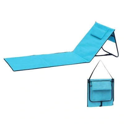 Abbildung von Spetebo Liegematte faltbar mit Verstellbarer Rückenlehne hellblau Strandliege 152 x 51 cm Tragegurt Garten Liege Sonnenliege Camping Picknick Reise Urlaub Bodenmatte Staufach