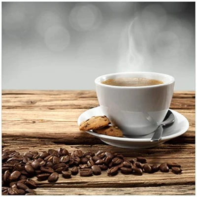 Abbildung von Wallario Glasbild Heiße Tasse Kaffee mit Kaffeebohnen 50 x cm Wandbilder Glas in Premium Qualität: Brillante Farben, freischwebende Optik