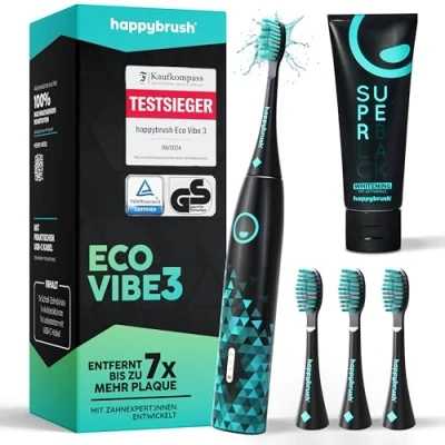Abbildung von happybrush [Testsieger*] Elektrische Zahnbürste ECO VIBE 3 Schwarz/Mint Schallzahnbürste mit 6 Wochen Power Akku inkl. Aufsteckbürsten, Aktivkohle Zahnpasta, von Zahnexperten empfohlen