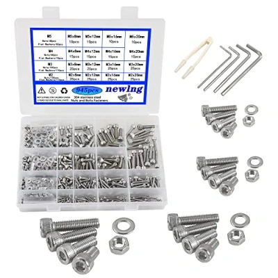 Abbildung von newlng Schrauben Set M2 M3 M4 M5 mit Muttern und Unterlegscheiben Edelstahl 304 Innensechskant Zylinder für DIY Befestigungs Aufbewahrungsbox Sortiment +Schraubenschlüssel 940pcs