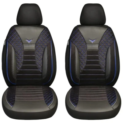 Abbildung von BREMER SITZBEZÜGE Maß Auto Schonbezüge kompatibel mit Ford Tourneo Transit Custom Fahrer &amp; Beifahrer Set ab 2012 2022 / Schonbezug Velour Kunstleder 2er Pack in Schwarz/Blaue Naht (PS806)