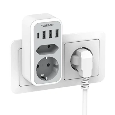 Abbildung von TESSAN Doppelstecker für USB C Steckdose, Mehrfachsteckdose mit 4 Netzstecker, Steckdosenadapter 2Fach Stecker, Mehrfachstecker Steckdosenverteiler 3600W, Netzteil Steckdosen
