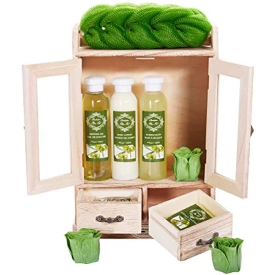 Abbildung von BRUBAKER Hautreinigungs Set Bade und Dusch Set, 10 tlg., Damen Geschenkset im Vintage Schränkchen, Pflegeset Oliven Duft, Badeset reinigend pflegend