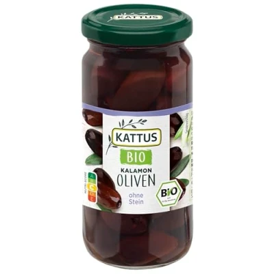 Abbildung von Kattus Bio schwarze Kalamon Oliven entsteint Griechische in Lake für Antipasti oder Tapas Aus biologischem Anbau 125 g im Glas