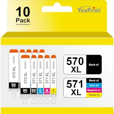 Abbildung von 10 YouPrint XL Tintenpatronen kompatibel zu PGI 570 und CLI 571 für Canon Pixma MG5750, MG6850, TS5050, TS5055, TS6050,