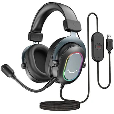 Abbildung von FIFINE Gaming Headset mit Mikrofon, Over Ear Kopfhörer Kabel, USB für PC PS4 PS5, RGB Headphone 3 EQ Modi, Surround Sound und Ohrpolster