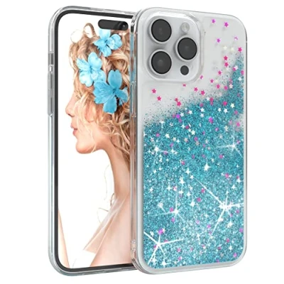 Abbildung von EAZY CASE Hülle kompatibel mit iPhone 14 Pro Max Schutzhülle Flüssig Glitzer, Handyhülle, Schutzhülle, Back Cover Glitter Flüssigkeit, TPU/Silikon, Transparent/Durchsichtig, Blau