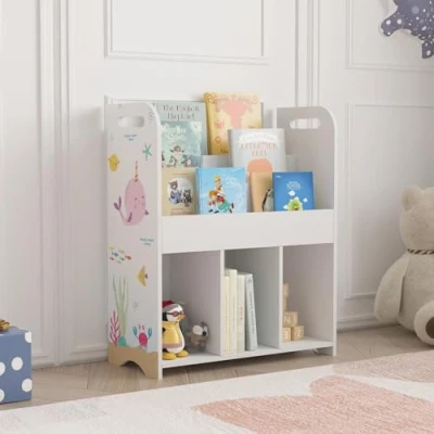 Abbildung von [en.casa] Kinderregal Røyrvik Bücherregal für Kinder mit 6 offenen Fächern Spielzeugregal 75 x 62 29 cm Spielzeug Aufbewahrung Ozean Motiv