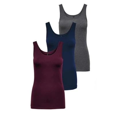Abbildung von ONLY Damen Onllive Love Tank TOP JRS 3 Pack, Dark Grey Melange/Pageant Blue/Port Royale, XL