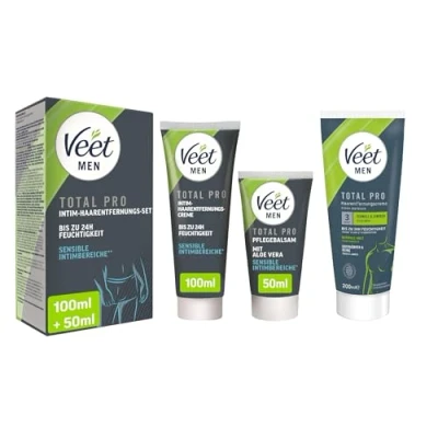 Abbildung von Veet Intim Haarentfernungs Set speziell für den sensiblen Intimbereich Haarentfernungscreme (100ml) mit Spatel + Pflegebalsam (50 ml) for Men Creme Power Effect 200ml
