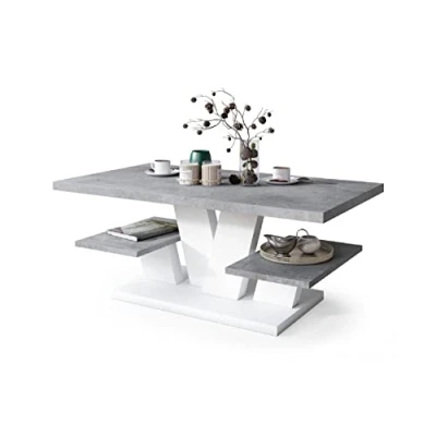 Abbildung von All4All Couchtisch Valerio Wohnzimmertisch Kaffeetisch Tisch mit Ablagen Esszimmertisch Coffee Table 110x60cm 05 Beton + Weiß